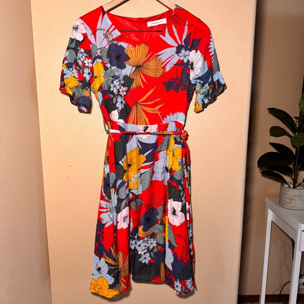 Panda Grove Floral Flutter Sleeve Belted Lined Knee length Dress size small